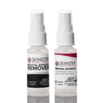 Two 1 oz Skinister Medical spray bottles: Medical Adhesive and Adhesive Remover, with white twist-lock caps, showcasing sample sizes for ostomy leak prevention and adhesive removal.