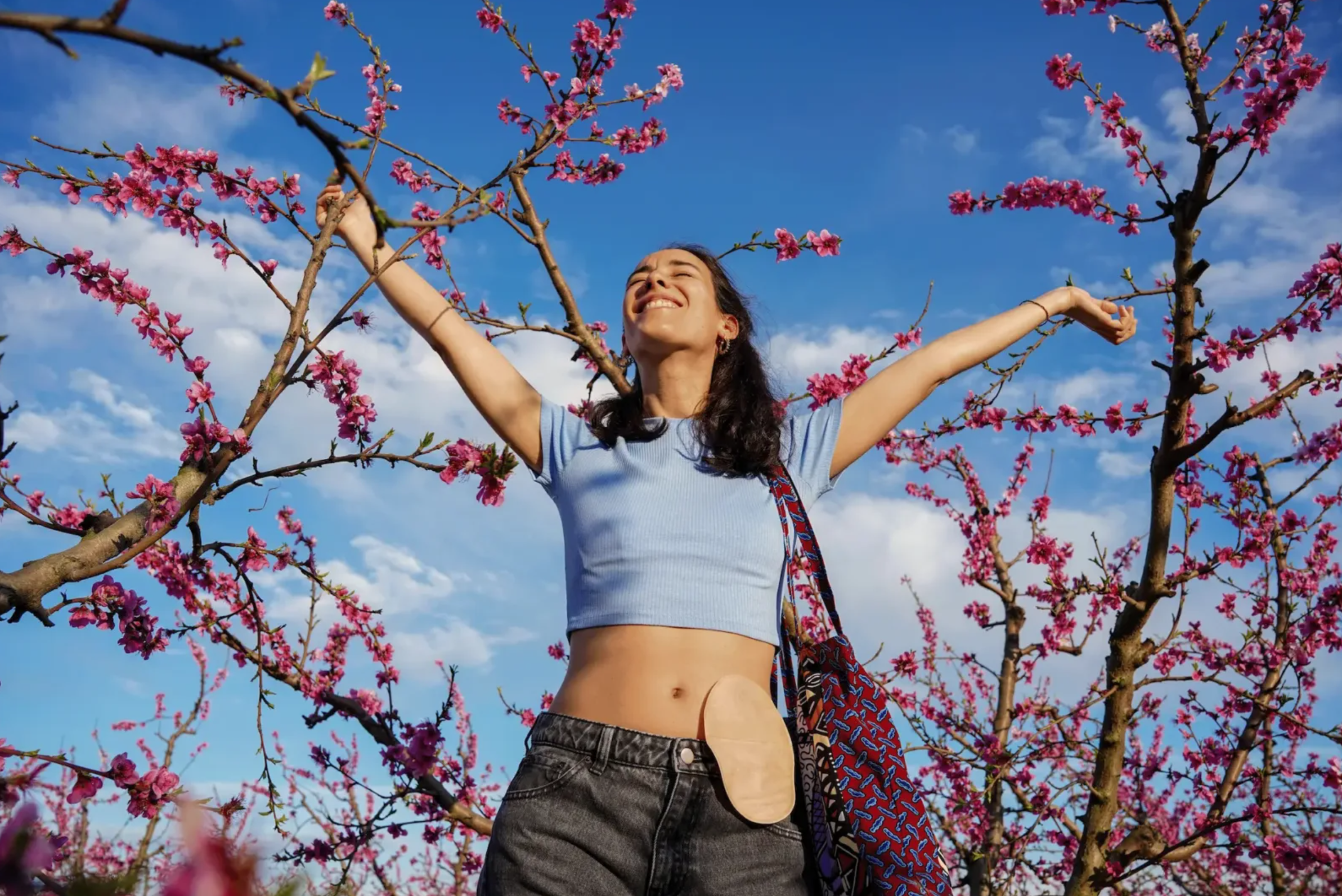 Ostomy user representing leak prevention